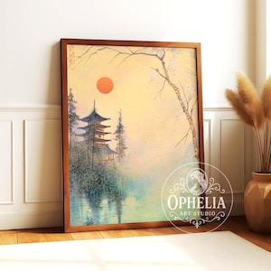 Misty Sunrise Art Print - Japan Zen Romanticism Ukiyo-e Poster, Hiroshige Aesthetic, Wall Deco Gift Anime Lovers "Hokusai’s Silent Temple I"