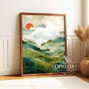 Japan Fine Art Print - Sunrise Green Wall Hanging, Vintage Wabi Sabi Forest Natur Living Room Poster, Home Deco Gift Him, Grasslands Morning