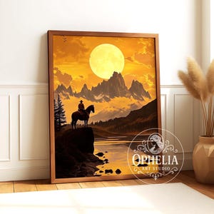 Moonlit Cowboy Wall Art Print – Golden Silhouette Landscape Poster, Mountain Western Anime Game Nature Aesthetic, Rustic Decor Gift for him