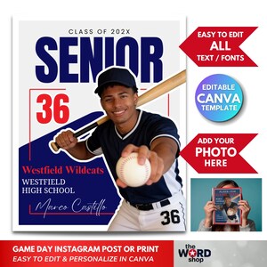 Op de afbeelding: Een honkbal-thema ontwerp met een lachende honkbalspeler die een bal en een knuppel vasthoudt. Het ontwerp bevat het woord "SENIOR", het nummer "36" en de tekst "Westfield Wildcats" en "Marco Castillo".