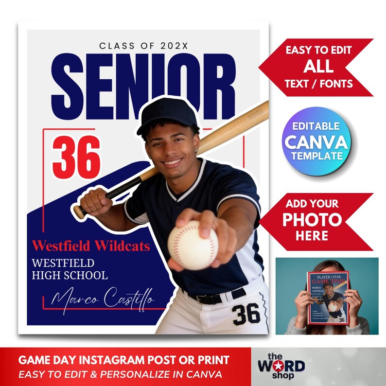 Op de afbeelding: Een honkbal-thema ontwerp met een lachende honkbalspeler die een bal en een knuppel vasthoudt. Het ontwerp bevat het woord "SENIOR", het nummer "36" en de tekst "Westfield Wildcats" en "Marco Castillo".