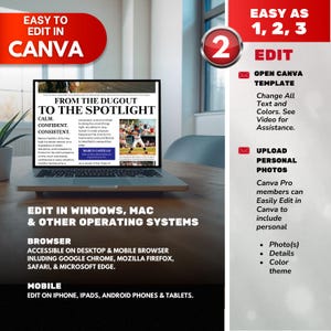 Op de afbeelding: Een laptop toont een Canva-sjabloon met de kop "FROM THE DUGOUT TO THE SPOTLIGHT." De afbeelding bevat instructies voor het bewerken in Canva, met opties voor Windows, Mac en mobiele apparaten. Het ontwerp is rood, wit en zwart.