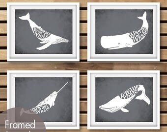 Whale Word Series - Set of 4 Art Prints (Featured in Charcoal) Customizable Colors