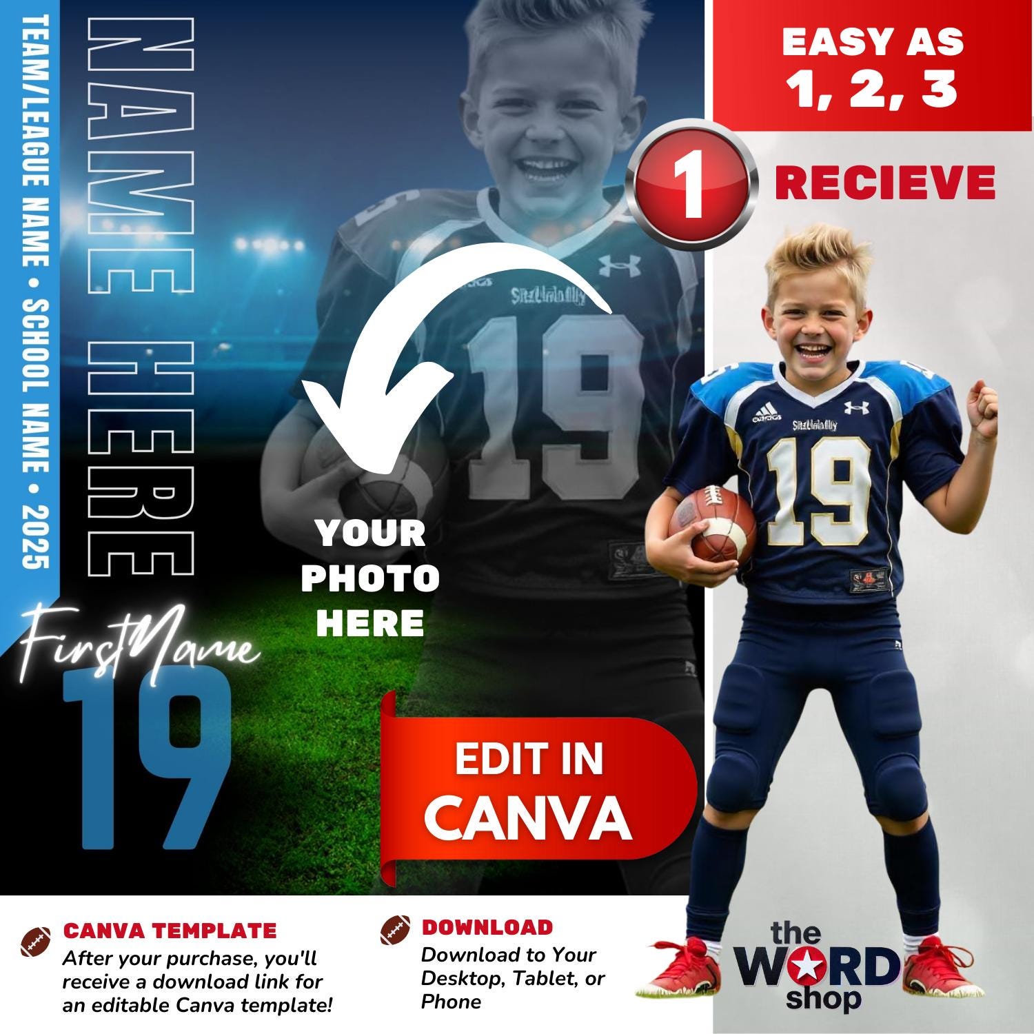 Football Poster Canva Template Design Custom 16x20 Football Portrait ...