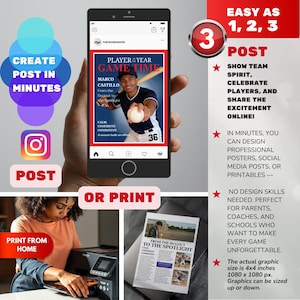 Op de afbeelding: Een smartphone toont een honkbalthema-afbeelding met de tekst "Player of the Year Game Time". De afbeelding bevat een honkbalspeler, het nummer 36 en de woorden "Create Post in Minutes" en "Post". Een printer en een afgedrukte pagina zijn ook te zien.