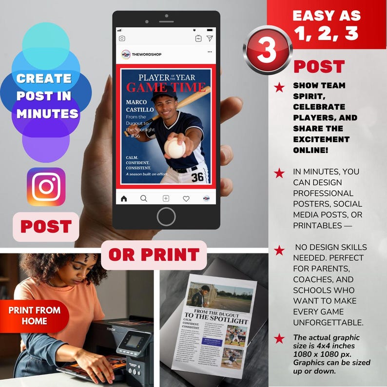 Op de afbeelding: Een smartphone toont een honkbalthema-afbeelding met de tekst "Player of the Year Game Time". De afbeelding bevat een honkbalspeler, het nummer 36 en de woorden "Create Post in Minutes" en "Post". Een printer en een afgedrukte pagina zijn ook te zien.
