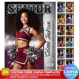 May include: A maroon and silver cheerleading uniform is worn by a smiling young woman, holding silver pom-poms. The word "SENIOR" is at the top. The image includes 24 custom cheer Canva templates, easy to edit.