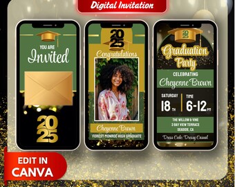 Graduation Digital Invitation Canva Template 2025 Green Gold Custom Graduation Party Invite Senior Grad Party Announcement Digital Invite