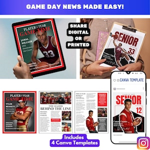Op de afbeelding: Een promotieafbeelding met vier Canva-sjablonen voor het maken van sportnieuws. De sjablonen bevatten lay-outs voor spelersprofielen, game-highlights en aankondigingen van het afstuderen. De afbeelding bevat de tekst "GAME DAY NEWS MADE EASY!" en "Includes 4 Canva Templates."