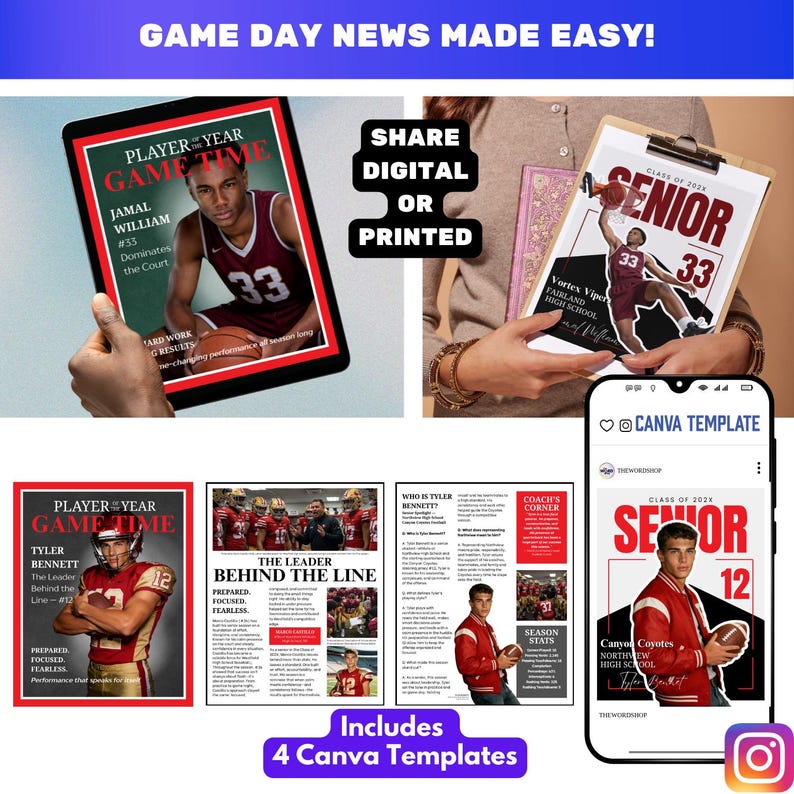 Op de afbeelding: Een promotieafbeelding met vier Canva-sjablonen voor het maken van sportnieuws. De sjablonen bevatten lay-outs voor spelersprofielen, game-highlights en aankondigingen van het afstuderen. De afbeelding bevat de tekst "GAME DAY NEWS MADE EASY!" en "Includes 4 Canva Templates."