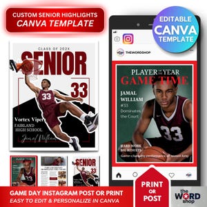 Op de afbeelding: Een digitale Canva-sjabloon voor senior highlights, met een basketballer in een bordeauxrood shirt met nummer 33. Het ontwerp bevat de tekst "SENIOR" en "GAME TIME", perfect voor Instagram-berichten of print.