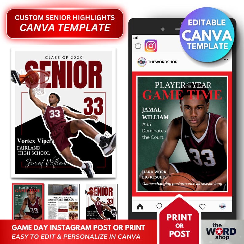 Op de afbeelding: Een digitale Canva-sjabloon voor senior highlights, met een basketballer in een bordeauxrood shirt met nummer 33. Het ontwerp bevat de tekst "SENIOR" en "GAME TIME", perfect voor Instagram-berichten of print.