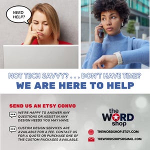 Op de afbeelding: Afbeelding ter promotie van ontwerpdiensten. Het toont twee mensen, een gefrustreerd voor een laptop en de ander aan de telefoon. De tekst luidt "WE ARE HERE TO HELP" en geeft contactgegevens voor Etsy en e-mail.
