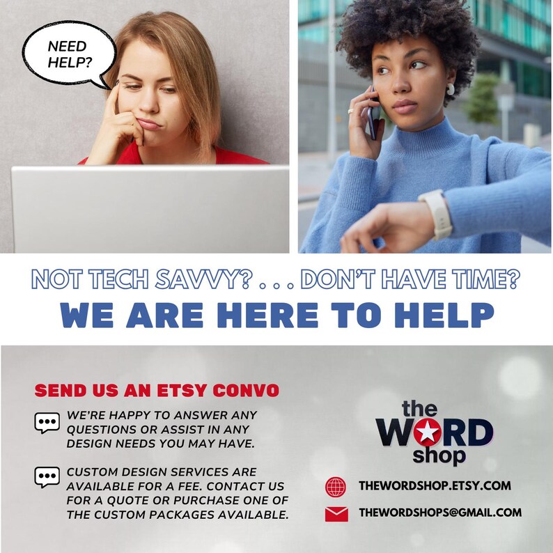 Op de afbeelding: Afbeelding ter promotie van ontwerpdiensten. Het toont twee mensen, een gefrustreerd voor een laptop en de ander aan de telefoon. De tekst luidt "WE ARE HERE TO HELP" en geeft contactgegevens voor Etsy en e-mail.
