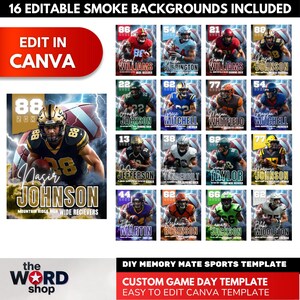 May include: A digital template for sports-themed memory mates. The design features a football player with the text "Nasir Johnson" and "Mountain Ridge High Wide Recievers." Includes 16 editable smoke backgrounds. Text on the image: "Edit in Canva."