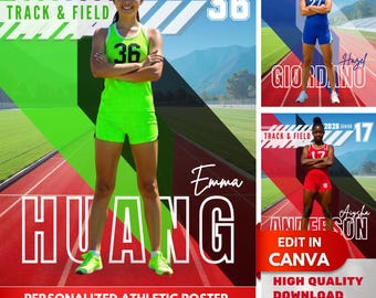 Modello di poster di atletica leggera Canva 16x20, modello di ritratto di atleta in piedi personalizzato, modifica poster sportivo Canva, regalo per la squadra di atletica leggera