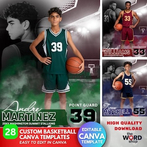Könnte beinhalten: Ein Basketball-Design mit einem jungen Athleten in einem grünen Trikot mit der Nummer 39, der einen Basketball hält. Das Design enthält Textelemente wie "Andre Martinez" und "Custom Basketball Canva Templates."