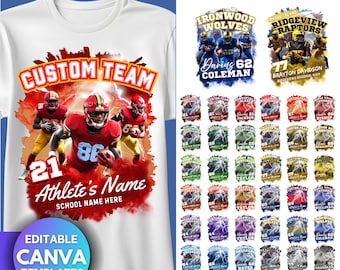 Puede incluir: Camiseta blanca con un gráfico de jugador de fútbol americano en rojo y azul, con el texto "CUSTOM TEAM" y "Athlete's Name". La imagen también muestra varias plantillas personalizables de camisetas para el día del partido.