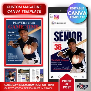 Op de afbeelding: Een digitale sjabloon voor een aangepaste magazine cover en Instagram post. Het ontwerp toont een honkbalspeler met een knuppel en bal, met de tekst "Player of the Year" en "Senior". Gemakkelijk te bewerken en te personaliseren in Canva.