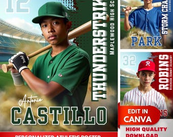 Plantilla de Canva para póster de béisbol, diseño de 16 x 20, retrato de jugador de béisbol personalizado, edición en Canva, fondo de póster deportivo, regalo para equipo de jugador de béisbol