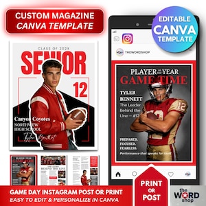 Canva-sjabloon voor senioren sportmagazine | Speler in de schijnwerpers | Game Day Instagram-bericht | Poster van de atleet van de middelbare school | Bewerkbare digitale download