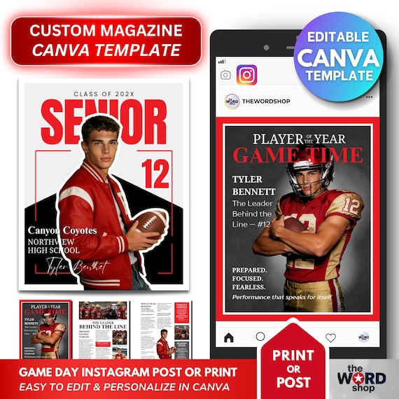 Senior Sports Magazine Canva Template | Player Spotlight | Game Day Instagram Post | High School Athlete Poster | Editable Digital Download