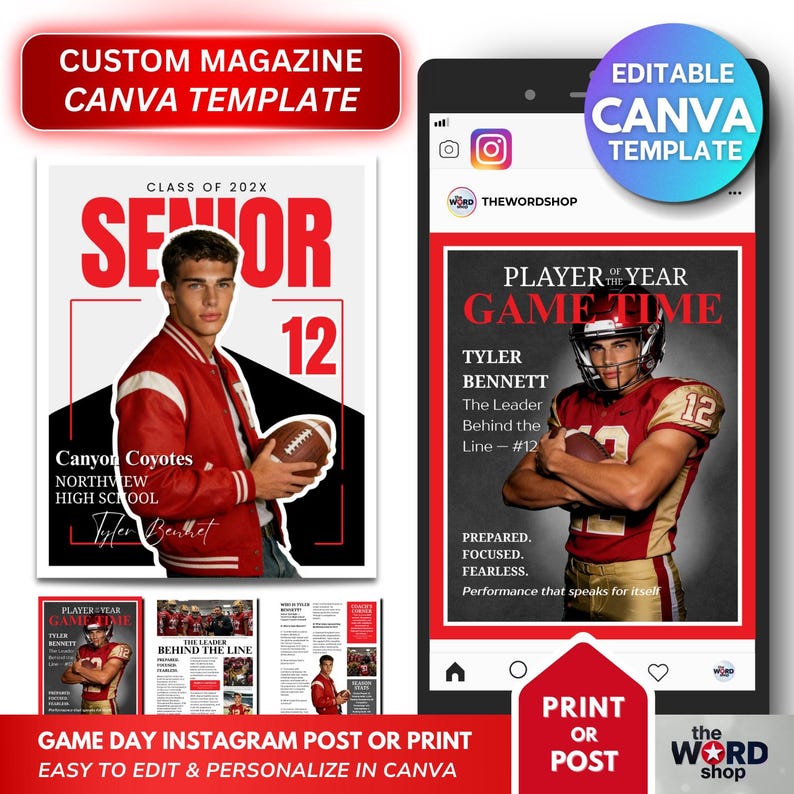 Canva-sjabloon voor senioren sportmagazine | Speler in de schijnwerpers | Game Day Instagram-bericht | Poster van de atleet van de middelbare school | Bewerkbare digitale download afbeelding 1