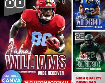 May include: Digital templates for football player graphics. The main image shows a player in a red uniform with the name "Jamaal Williams" and the text "Wide Receiver." Other templates showcase different players. The design includes the text "Editable Canva Template."