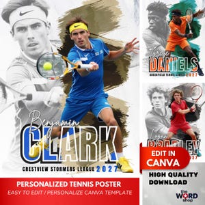 May include: A tennis poster template with three players: Benjamin Clark in blue, Tyrese Daniels in orange, and Logan Dooley in red. The poster includes the text "Benjamin Clark", "Crestview Stormers League 2027", and "Edit in Canva".