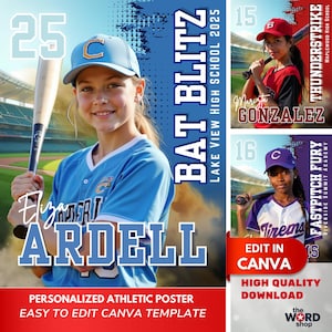 Peut inclure: Un modèle d'affiche de baseball personnalisable avec une jeune fille tenant une batte. L'affiche est bleue et rouge avec le texte "BAT BLITZ" et "LAKE VIEW HIGH SCHOOL 2025".