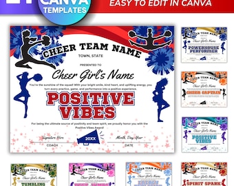 May include: A collection of editable cheer certificate award templates. The certificates feature a red, white, and blue color scheme with cheerleading graphics and text that reads "Cheer Team Name" and "Positive Vibes".