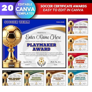 Pode incluir: Uma coleção de prêmios de certificados de futebol com um design de troféu dourado. Os certificados são em várias cores e apresentam textos como "Playmaker Award" e "Fastest Player". A imagem inclui o texto "Editable Canva Templates".
