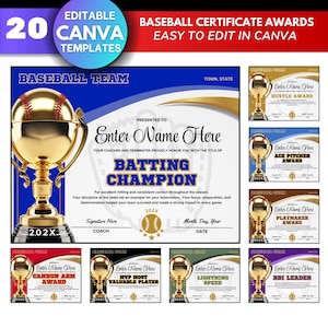 Puede incluir: Un conjunto de plantillas digitales para premios de certificados de béisbol. El diseño presenta un trofeo dorado, gráficos de béisbol y campos de texto para la personalización. Incluye plantillas para varios premios.