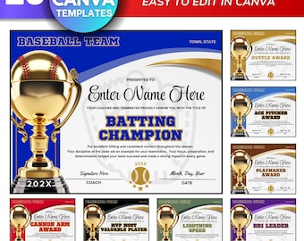 Baseball Award Certificates - Editable Canva Templates (Digital Download) Coach Achievement Banquet Ceremony