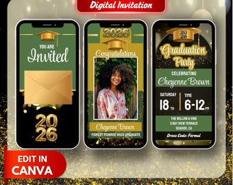 Plantilla de Canva para invitación digital de graduación 2026, color verde y dorado, personalizada, para fiesta de graduación y anuncio de último año.