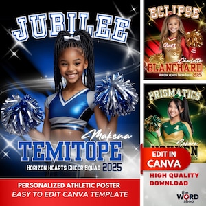 May include: A customizable cheerleading poster template featuring a young cheerleader in a blue and white uniform holding pom-poms. The poster includes the text "JURILEE TEMITOPE HORIZON HEARTS CHEER SQUAD 2025" and is designed to be edited in Canva.