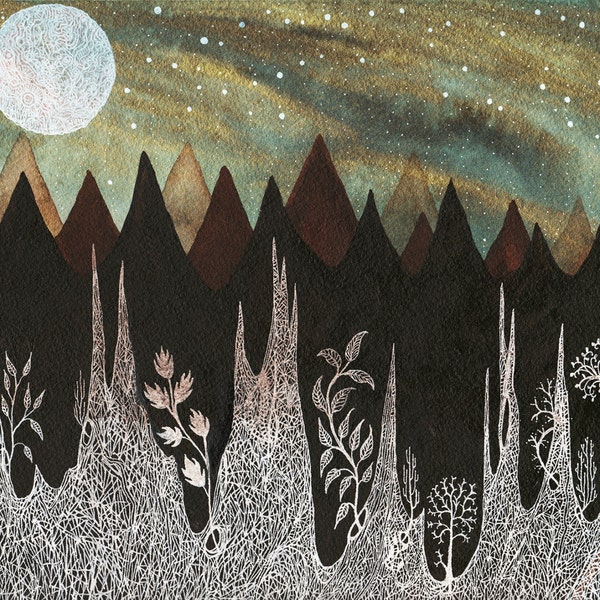 Moon Art // Fine Art Print // Nursery Art // Aurora borealis & the Harvest Moon