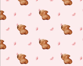 Cute Capybara Cartoon Fabric Pink Butterfly Fabric Pure Cotton DIY Fabric GIFT-By Half Yard