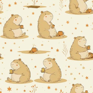 May include: A repeating pattern featuring cartoon hamsters holding cups of tea. The hamsters are light brown with pink cheeks, set against a cream background with orange stars and decorative elements. The overall design has a warm, inviting feel.