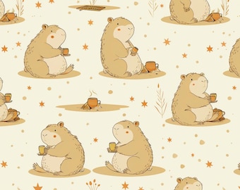 Cute Capybara Animals Fabric Anime Cartoon Cute Capybara Pattern Cotton Fabric Sold By Half Yard