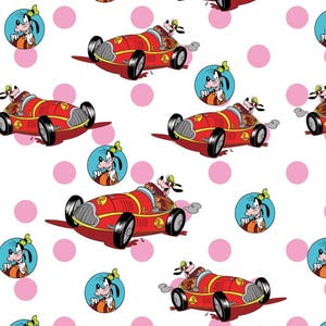 May include: A white background with pink polka dots and a repeating pattern of red race cars driven by cartoon dogs. The dogs are wearing green hats and driving red race cars with the number 2 on the side.