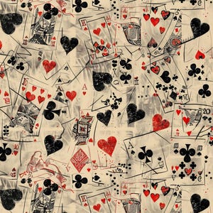 Puede incluir: Un patrón repetido de naipes en rojo, negro y blanco sobre un fondo crema. Las cartas están dispersas y superpuestas, con palos de corazones, tréboles, picas y diamantes. Algunas cartas son parcialmente visibles, creando un efecto texturizado.