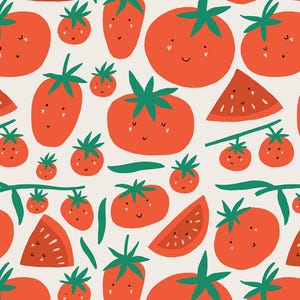 Peut inclure: Un motif fantaisiste avec des tomates, des fraises et des tranches de pastèque de dessin animé dans des tons de rouge et de vert sur un fond crème. Le motif comprend des visages souriants sur les fruits, créant une esthétique ludique et joyeuse.