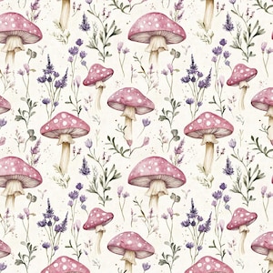 May include: Watercolor pattern featuring pink mushrooms with white spots, purple flowers, and green foliage on a cream background. The design has a whimsical, botanical theme, with a repeating motif of natural elements.