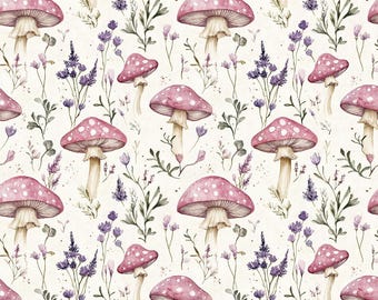 Tessuto di cotone fai da te con motivo floreale a fungo con lavanda e foresta da favola, regalo - a mezzo metro