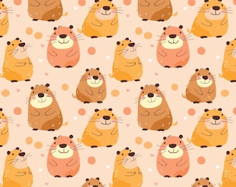 Adorable Capybara Animals Fabric Anime Cartoon Capybara Pattern Cotton Fabric Sold By Half Yard