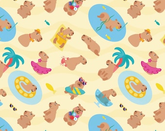 Capibara at Summer Beach Fabric Cartoon Cute Capybara Pattern Cotton Fabric Sold By Half Yard