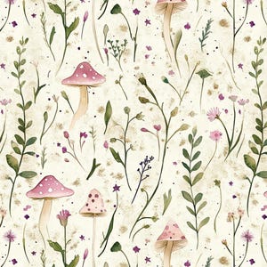 May include: A seamless pattern featuring pink and white mushrooms with white spots, green leaves, and pink flowers on a cream background with gold glitter.