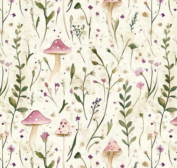 Fairytale Forest Mushroom Pattern Floral Fabric Cotton Fabric DIY Fabric GIFT-By Half Yard