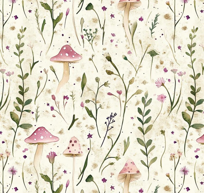 May include: A seamless pattern featuring pink and white mushrooms with white spots, green leaves, and pink flowers on a cream background with gold glitter.